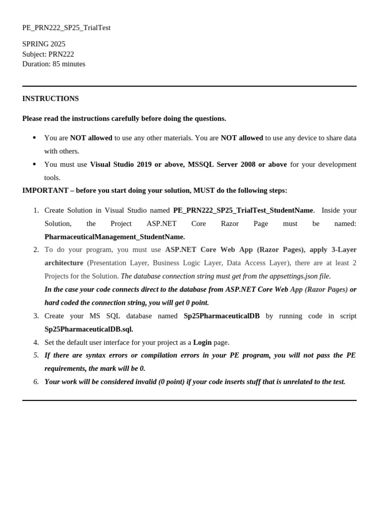 PRN222 Spring 2025 Trial Test Guide | PDF | Microsoft Sql Server ...