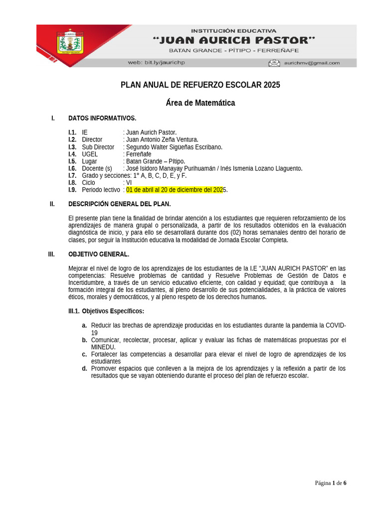 Plan Anual de Refuerzo Escolar 2025 | PDF | Aritmética | Matemáticas