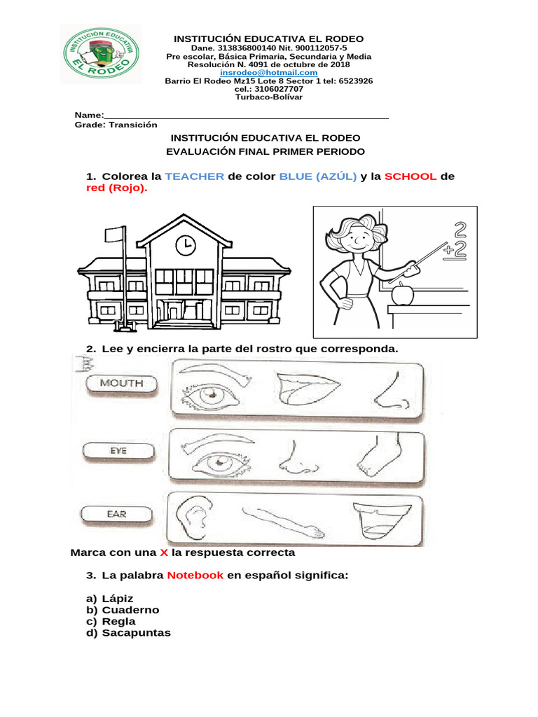 Examen Final de Ingles Primer Periodo Grado Transición | PDF