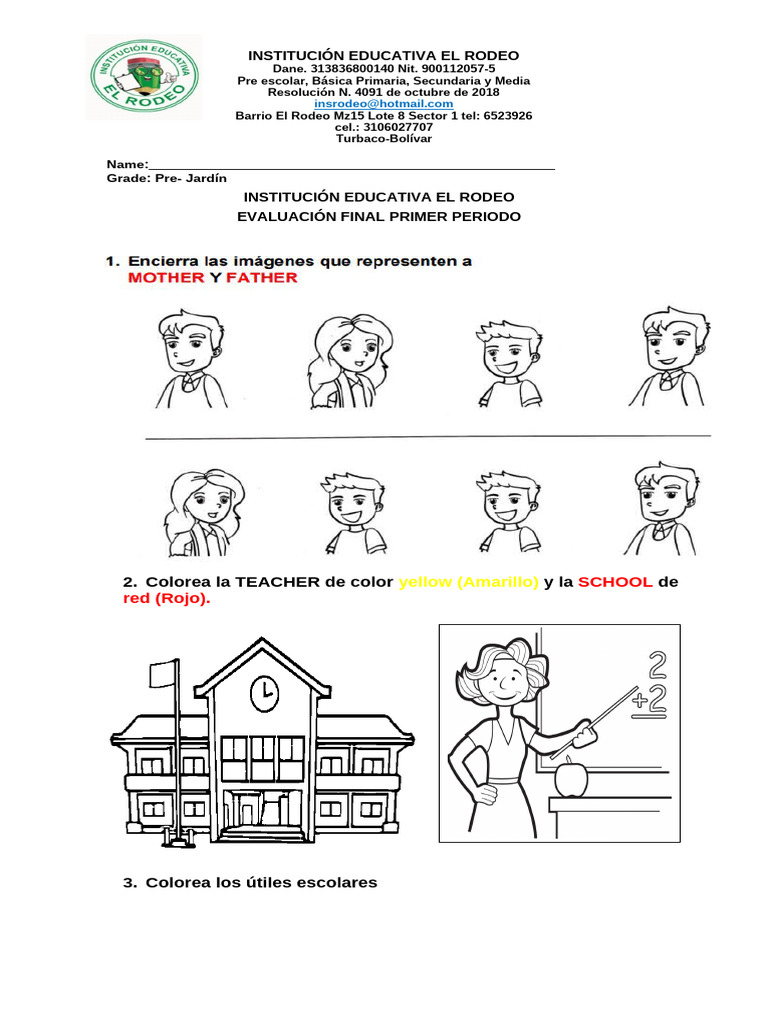 Examen Final de Ingles Primer Periodo Grado Pre - Jardín | PDF