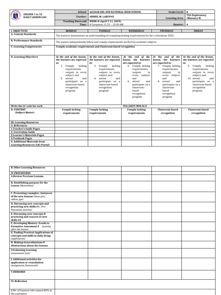 Grade 8 TLE Daily Lesson Log | PDF | Procedural Knowledge | Intelligence