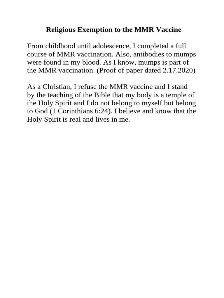 MMR Vaccine Religious Exemption Statement | PDF