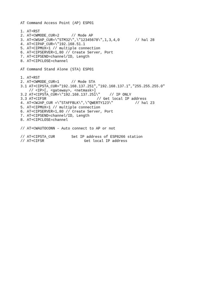 AT Command Set for ESP01 Configuration | PDF
