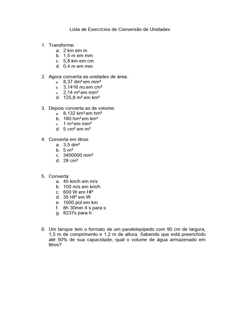 Exercícios de Conversão de Unidades | PDF