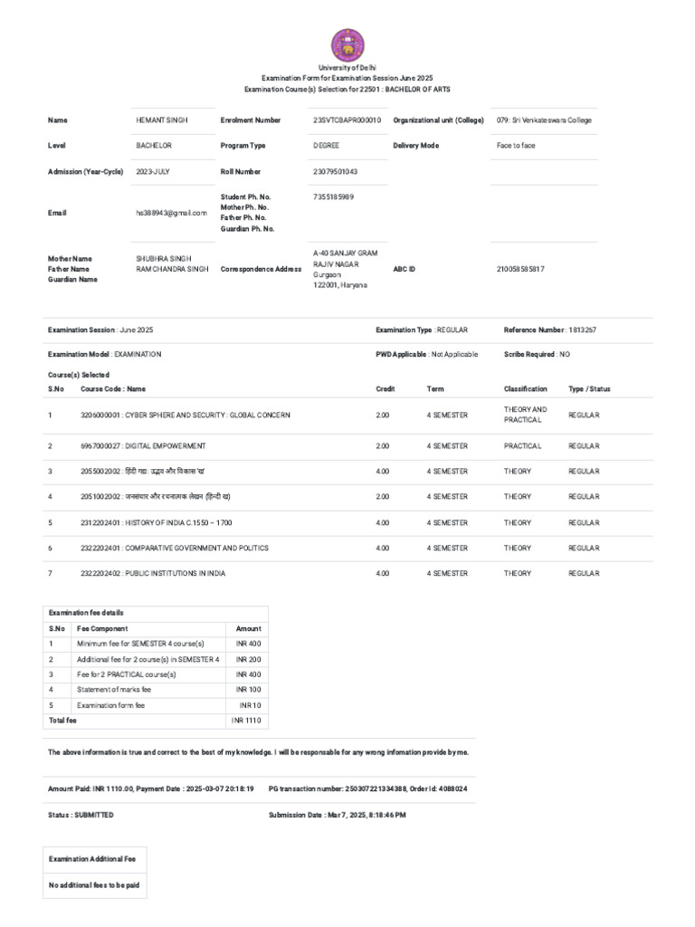 Delhi University BA Exam Form June 2025 | PDF