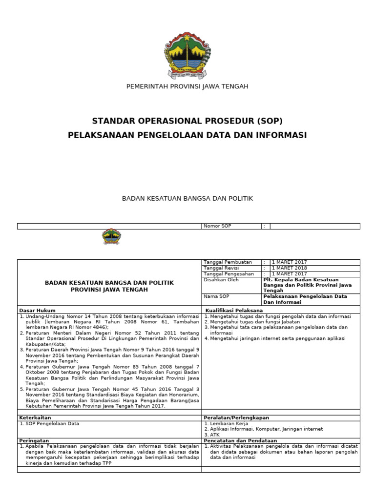 SOP Pengelolaan Data Jateng 2017 | PDF