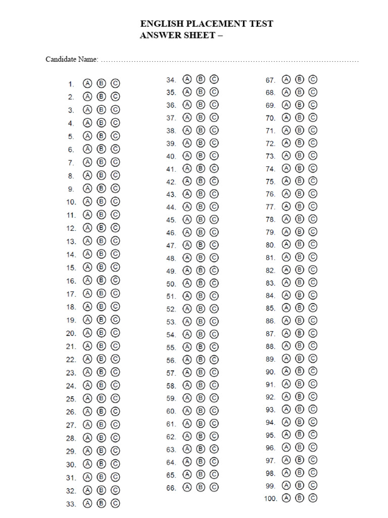 ENG PLACEMENT TEST 2019 - ANSWER SHEET 100Qs | PDF