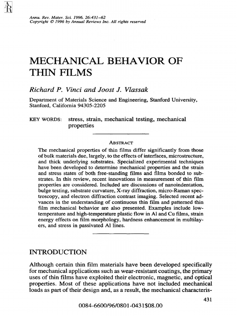 Mechanical Behavior of Thin Films | PDF | Thin Film | Deformation ...