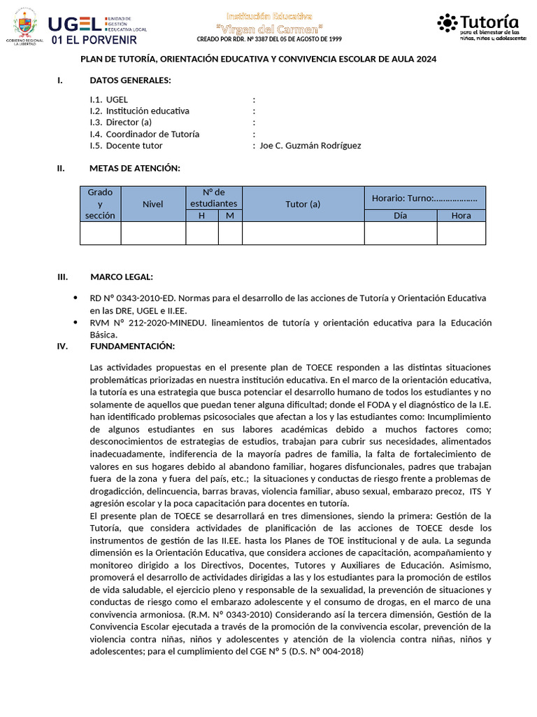 Plan de Tutoría y Convivencia Escolar 2024 | PDF | Salón de clases ...