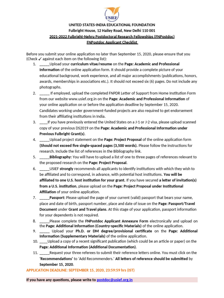FNPostdoc Applicant Checklist | PDF