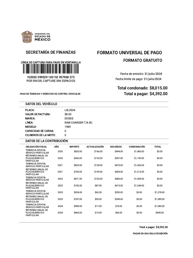 Recibo de Pago de Tenencia - DGR, GEM | PDF | Bancos | Finanzas personales