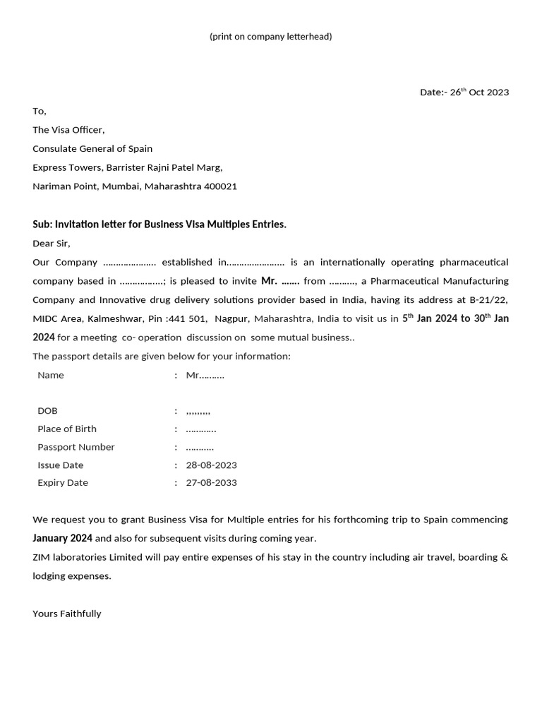 Business Visa Invitation for Spain 2024 | PDF