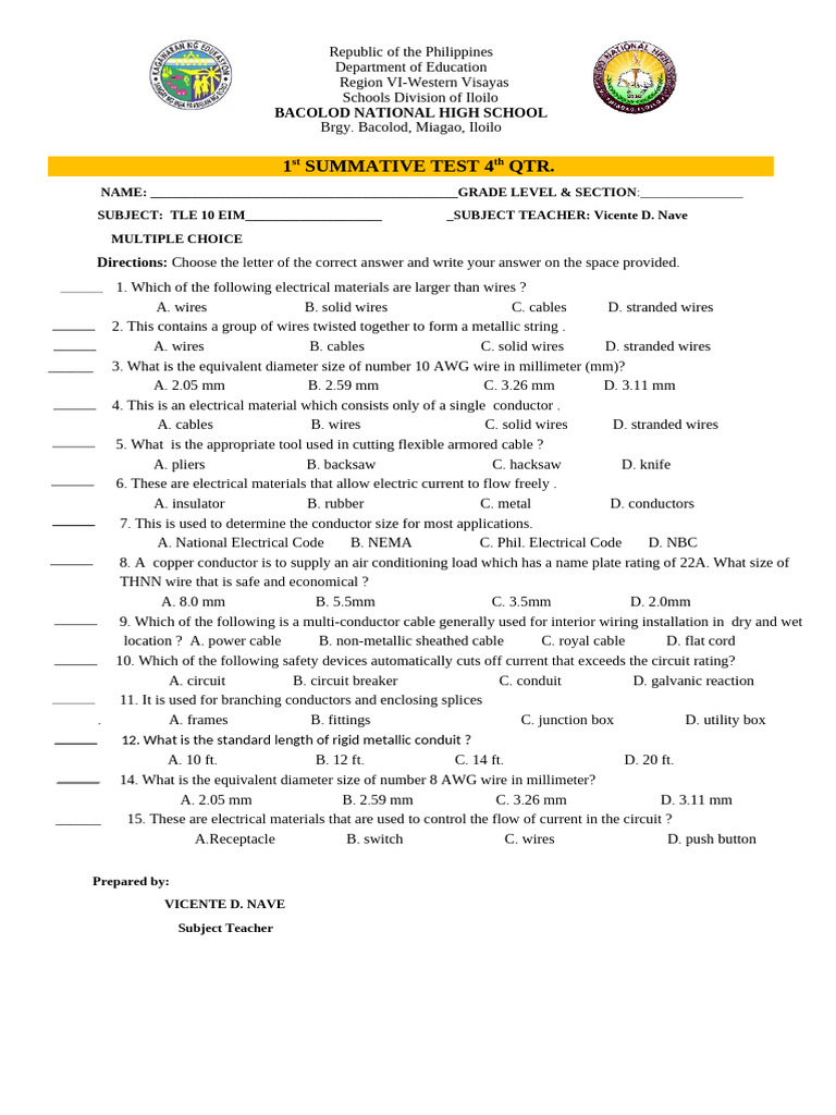 TLE 10 EIM 4th QTR Summative Test | PDF | Electrical Wiring | Wire