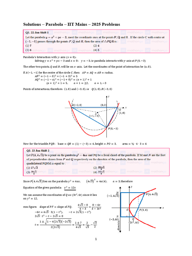 Parabola Solutions for IIT Mains 2025 | PDF | Coordinate System | Circle