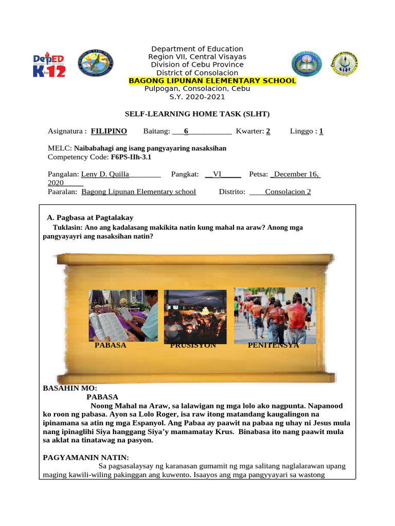 SLHT FILIPINO-G6-Q2-No.-1 | PDF