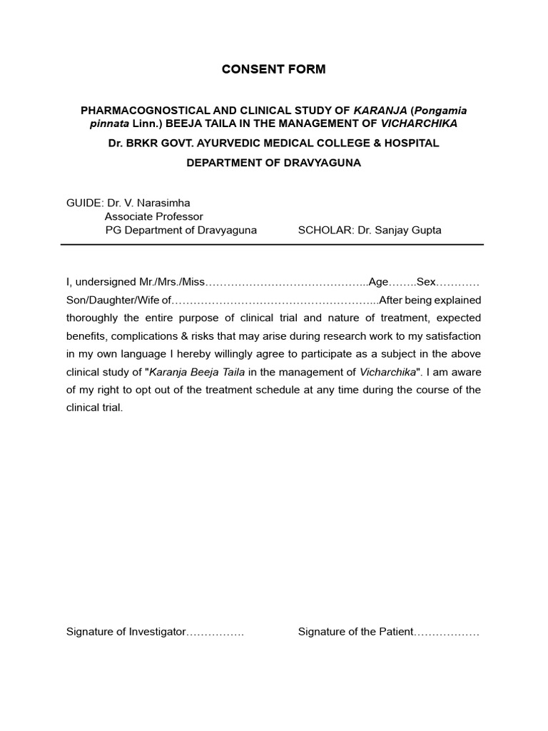 Karanja Beeja Taila Study Consent Form | PDF | Clinical Trial ...
