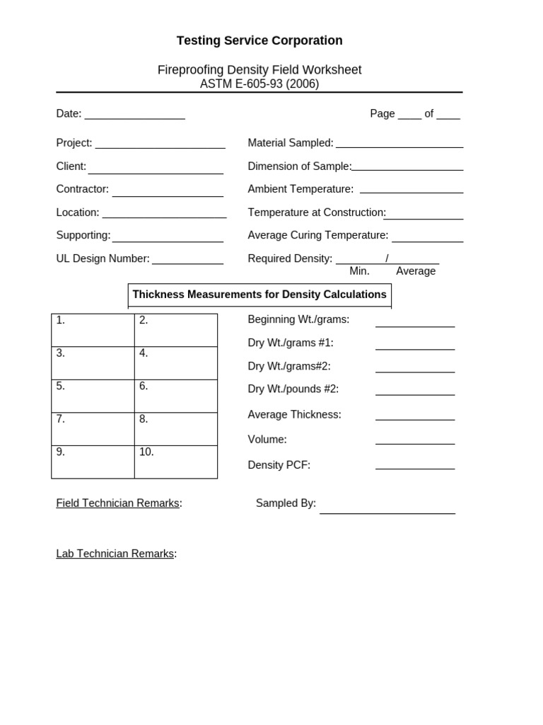 Fireproofing Density Field Worksheet | PDF
