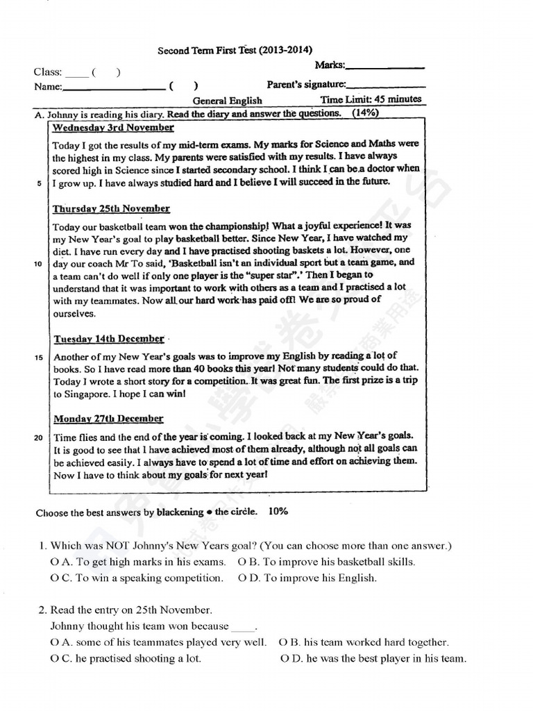 Y078-聖保祿天主教小學-P6-英文-1314下-1st Test+答案 | PDF