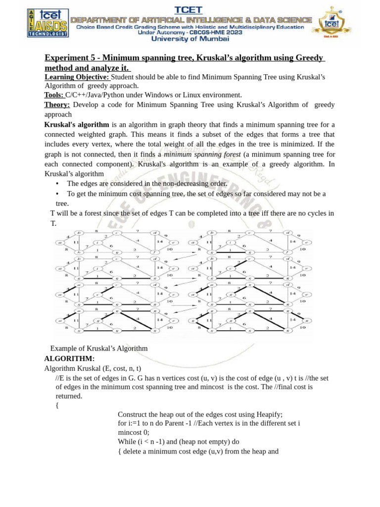 Kruskal's Algorithm for Minimum Spanning Tree | PDF | Mathematical ...
