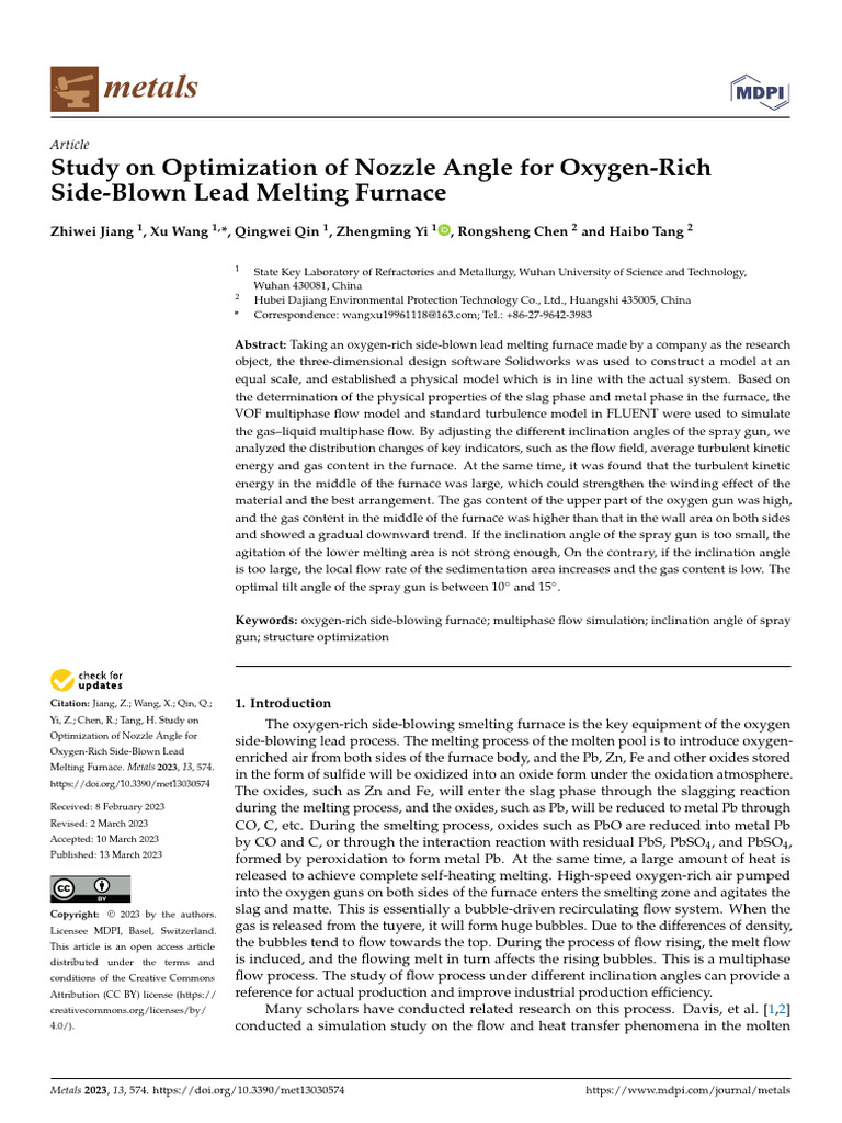 Study On Optimization of Nozzle Angle For Oxygen-Rich Side-Blown Lead ...