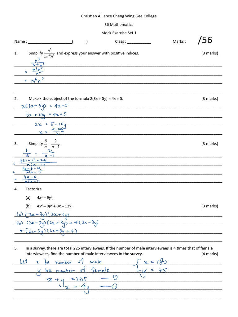 S6 Mathematics Mock Exercise Set 1 | PDF | Mathematics | Algebra