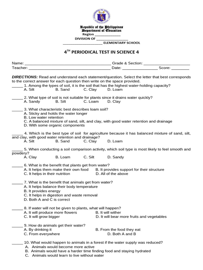 Grade 4 Science Periodical Test | PDF | Humidity | Loam