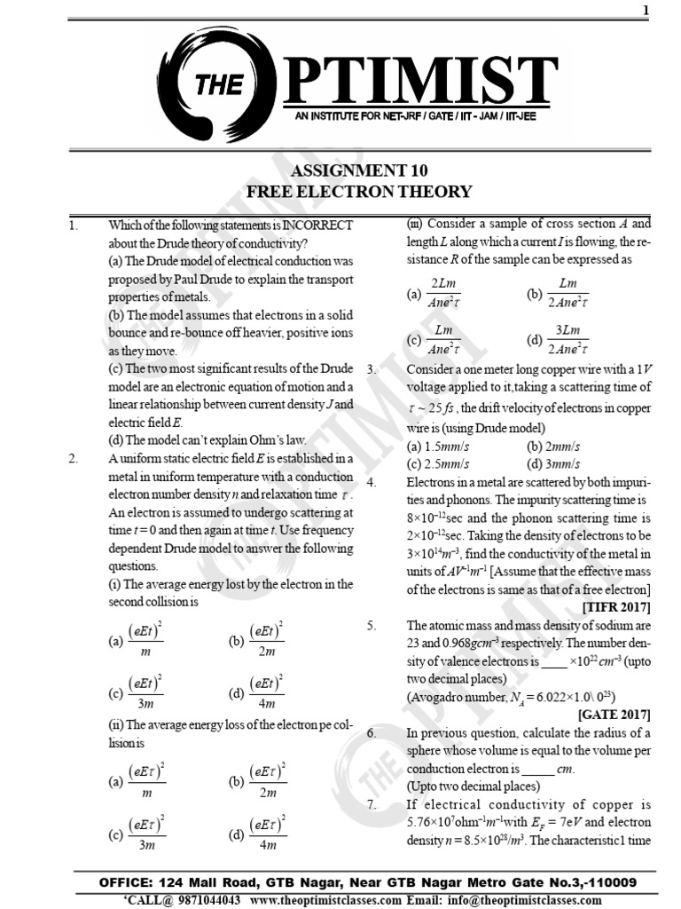 Free Electron Theory | PDF | Electrical Resistivity And Conductivity ...