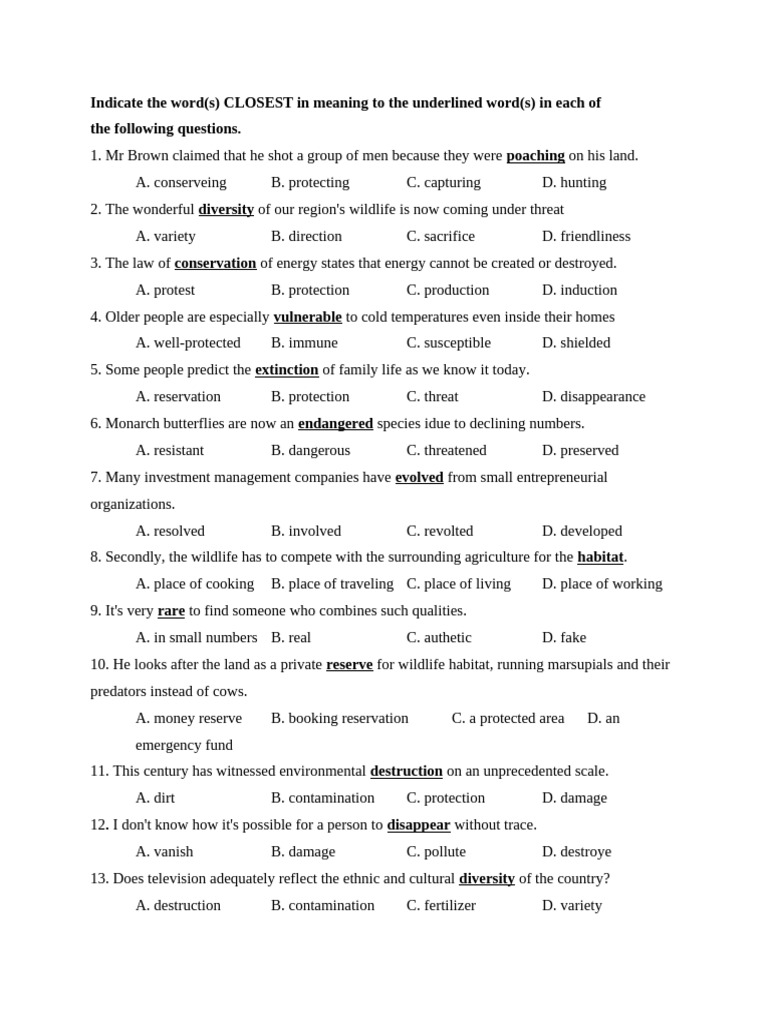 Vocabulary Quiz on Conservation Terms | PDF | Natural Environment ...