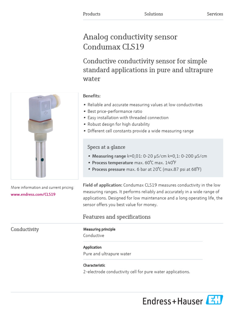 Condumax CLS19 Conductivity Sensor Manual | PDF | Sensor | Applied And ...