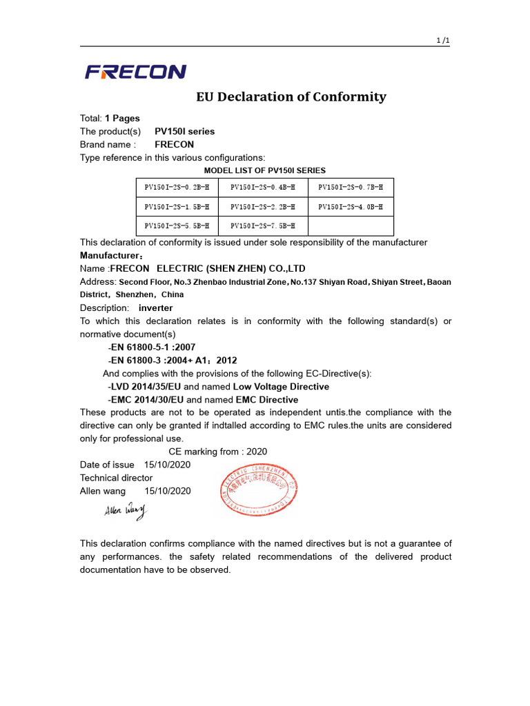CE declaration PV150I 2020 | PDF