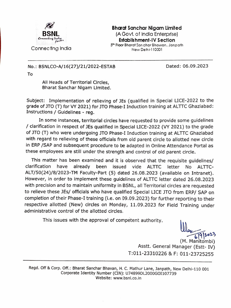 BSNL JEs Relieving Guidelines for JTO Training | PDF