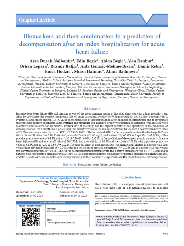 Predicting Heart Failure Decompensation with Biomarkers | PDF ...
