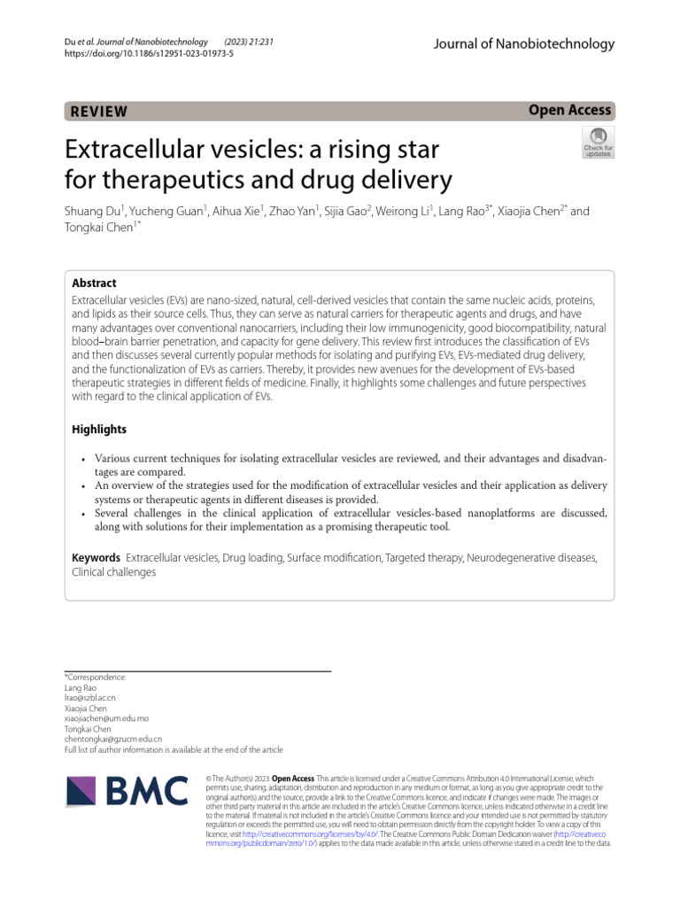 Extracellular Vesicles A Rising Star For Therapeutics and Drug Delivery ...
