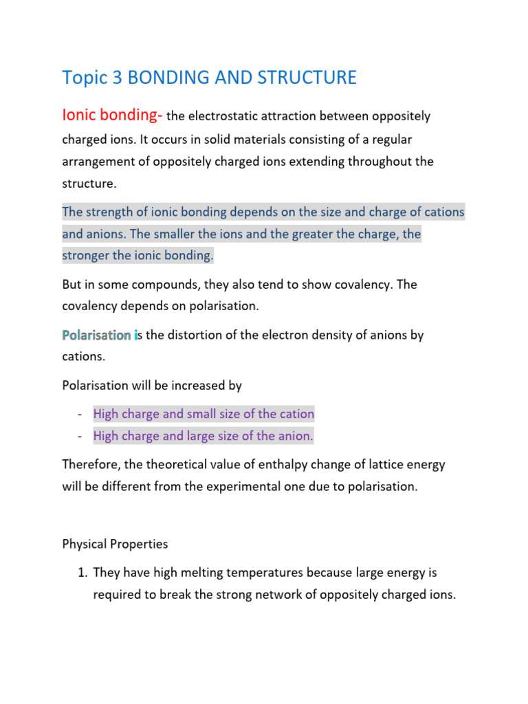 Topic 3 BONDING AND STRUCTURE | PDF | Chemical Bond | Ion