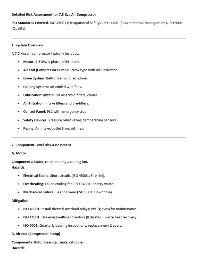 Risk Assessment for 7.5 Kva Compressor | PDF | Bearing (Mechanical ...