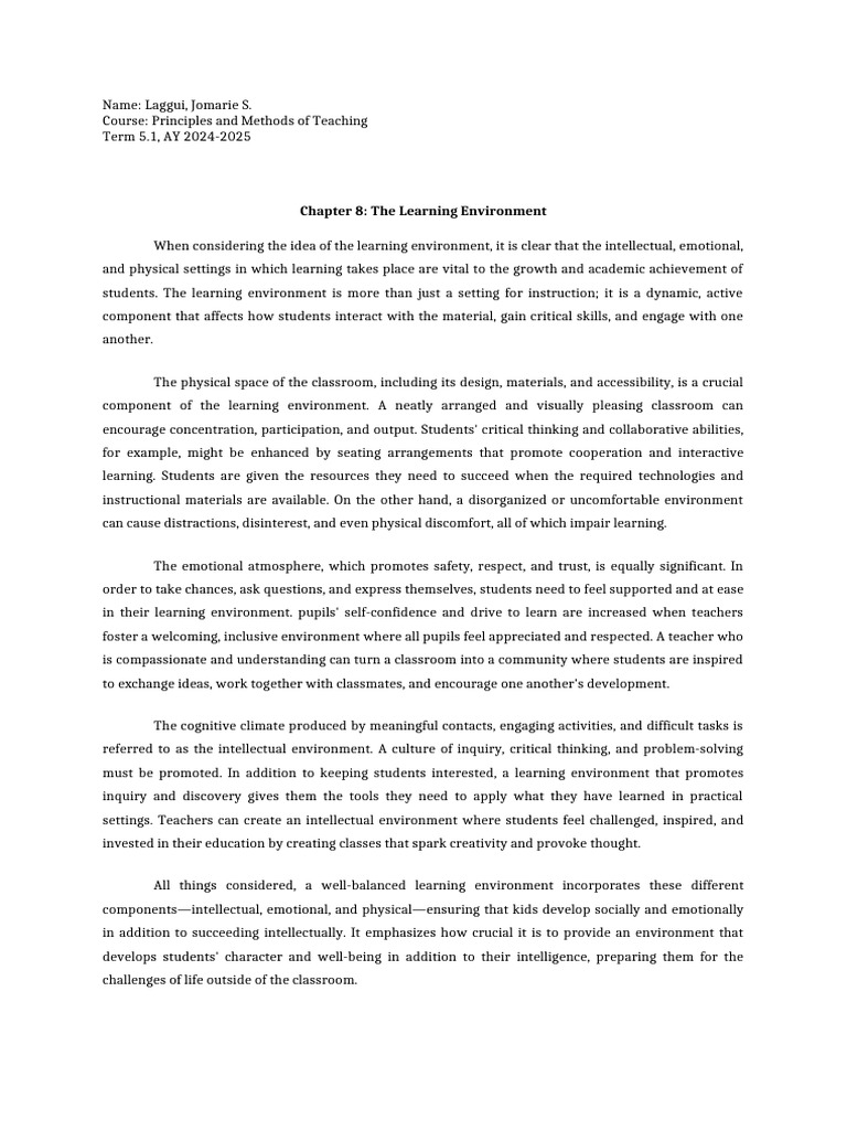 The Learning Environment - Laggui, Jomarie S. | PDF | Learning | Classroom