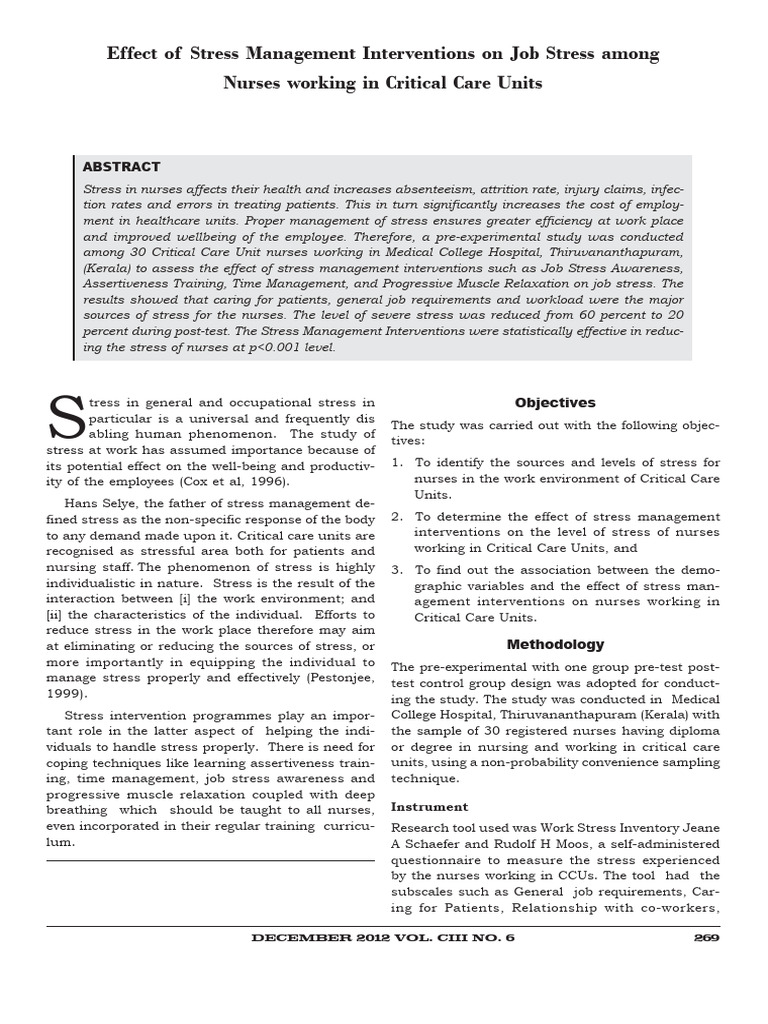Effect of Stress Management Interventions On Job Stress Among Nurses ...