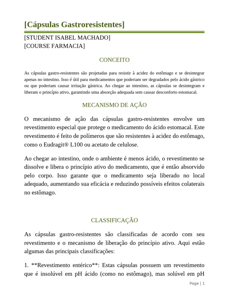 Cápsulas Gastroresistentes: Vantagens e Desvantagens | PDF | Estômago