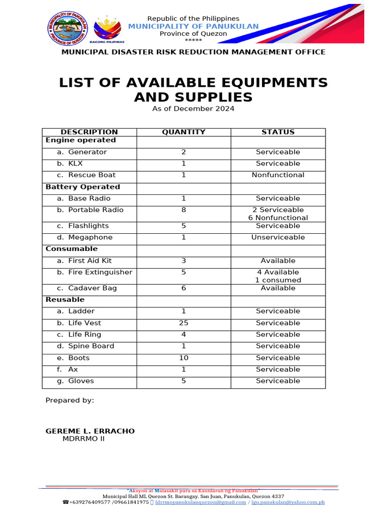 Panukulan DRRM Equipment and Supplies List | PDF