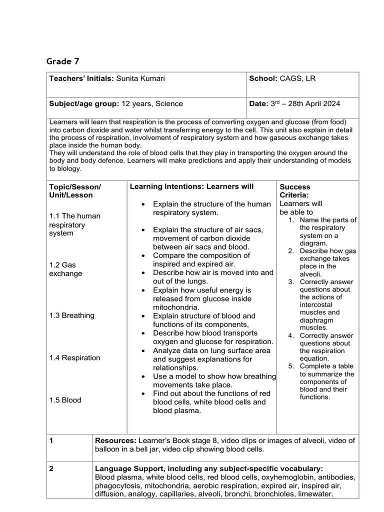 Grade 7 Science: Human Respiration Unit | PDF | Respiratory System ...