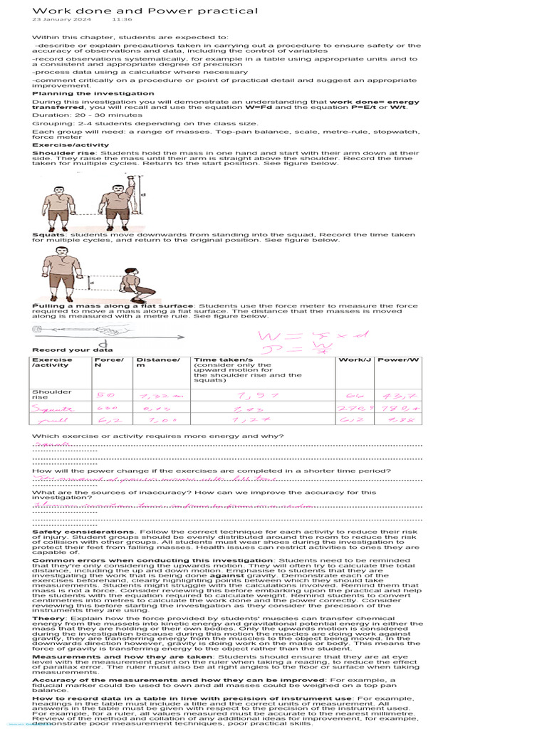 Work Done and Power Investigation Guide | PDF | Measurement | Force