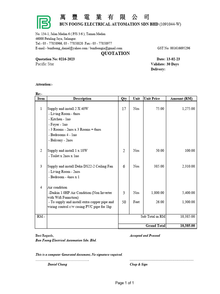 Quotation for Electrical Installations | PDF