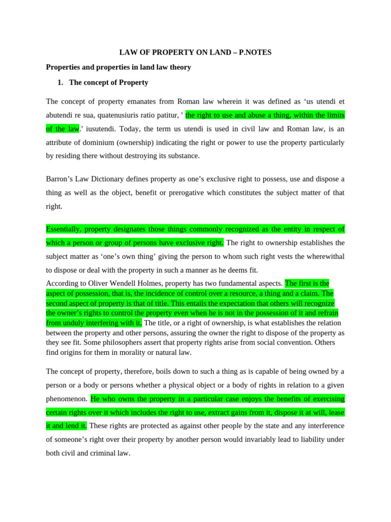 Law of Property On Land - P. Notes | PDF | Possession (Law) | Property