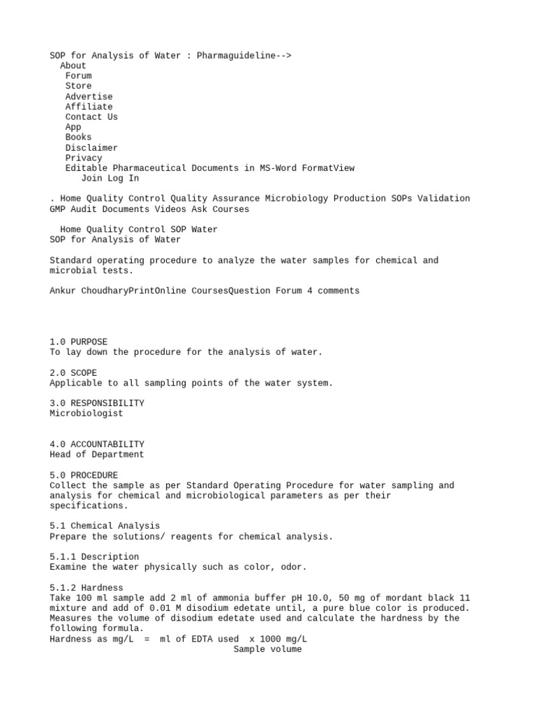 SOP for Water Sample Analysis | PDF | Chemistry