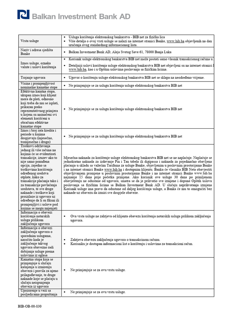 Informacioni List - Usluga Koristenja Internet Bankarstva Bibnet | PDF