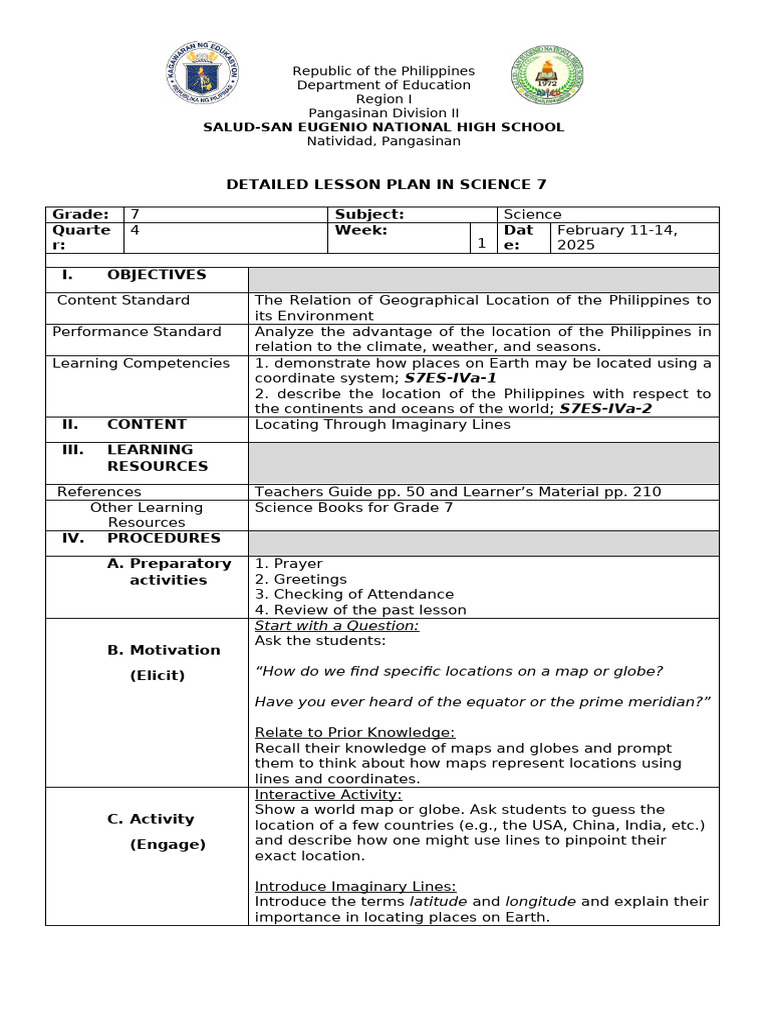 G7science DLP Q4 W1 Feb 11 14 | PDF | Latitude | Longitude