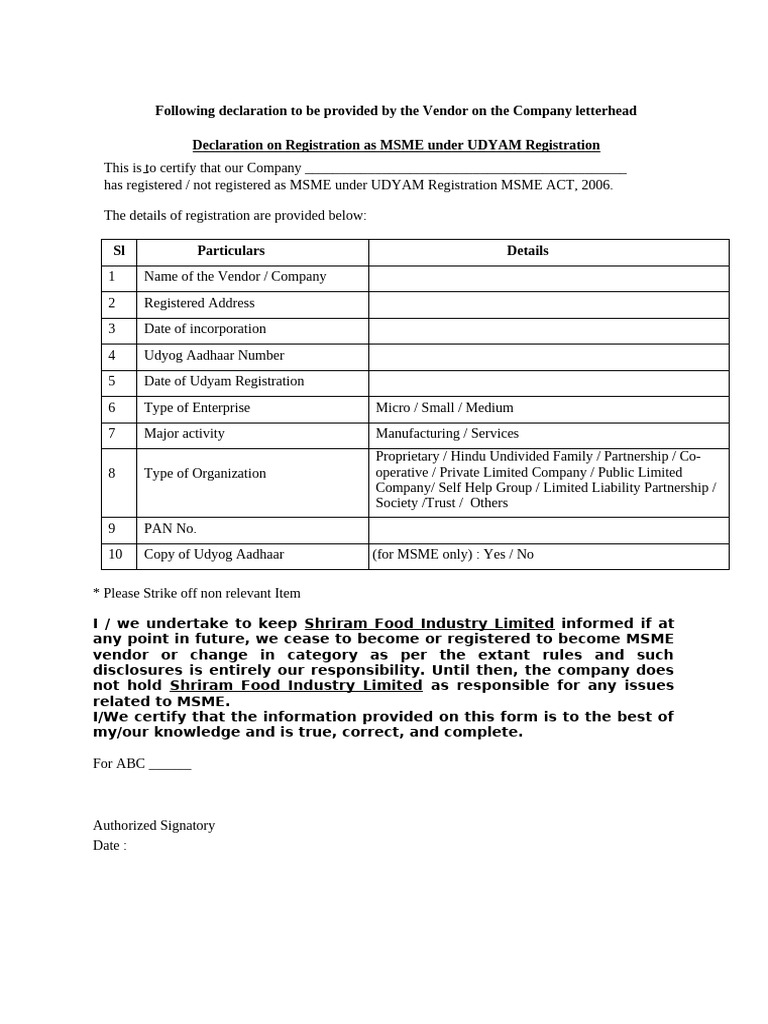 MSME Declaration Format for Vendors | PDF