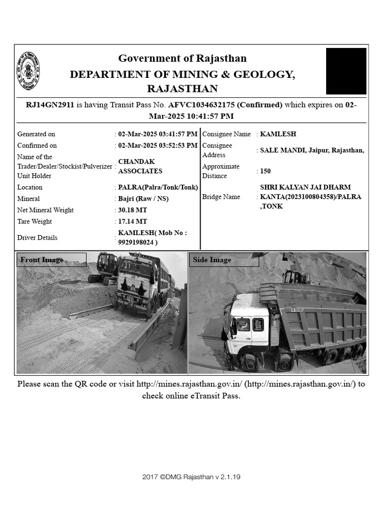 Rajasthan Mining Transit Pass Details | PDF