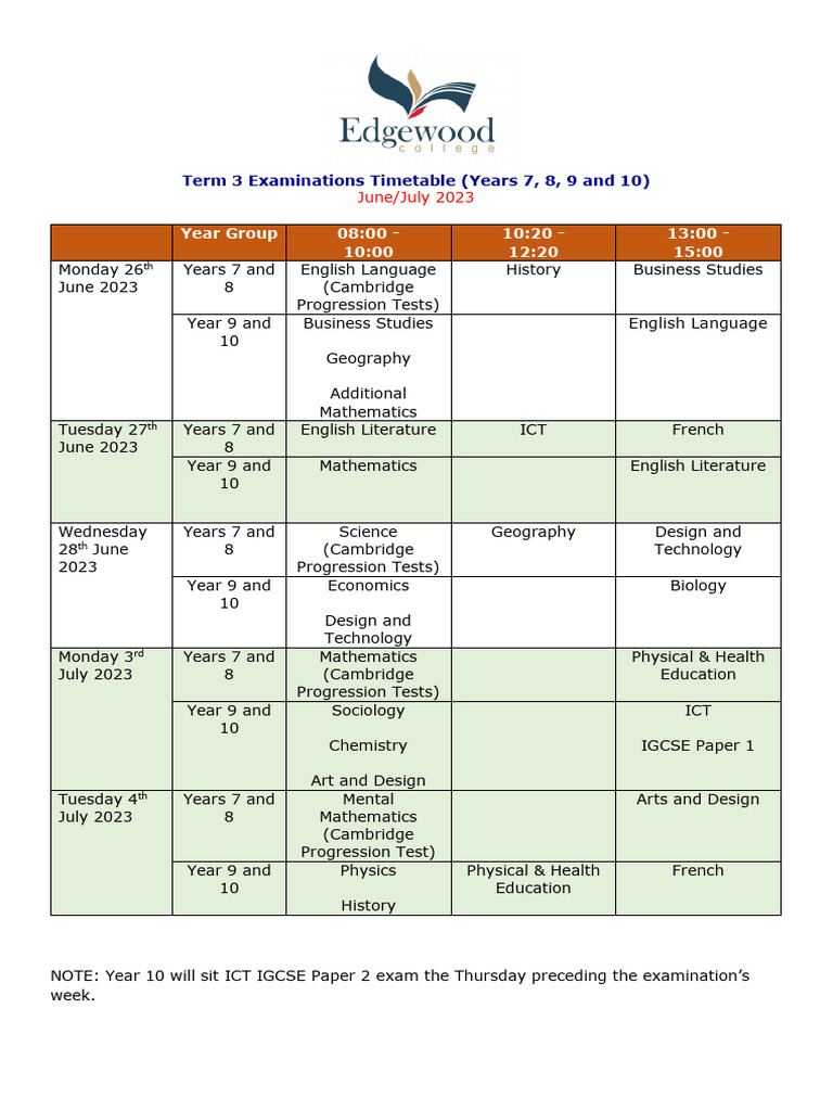 Term 3 Exam Timetable 2023 | PDF