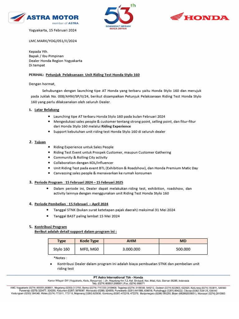051. Juklak Unit Riding Test New Honda Stylo 160 (15 Feb-Apr'24) Update ...